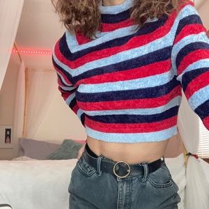 Striped cropped fuzzy sweater